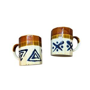 Vintage Japan Stoneware MCM Multisided Geometric Set of 2 Mugs